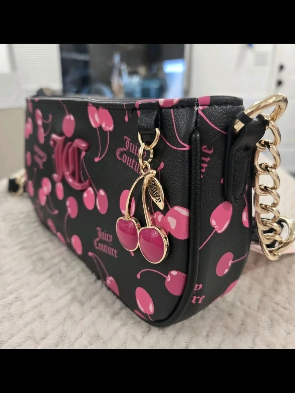 Juicy Couture Black & Pink Cherry Print Wristlet Bag NWT